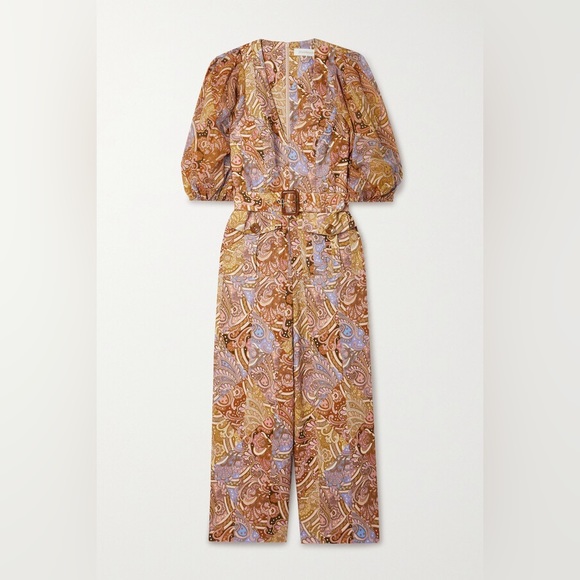 Zimmermann Brown Concert Belted Paisley-print Linen And Ramie Jumpsuit Size AU 1 - Picture 8 of 12